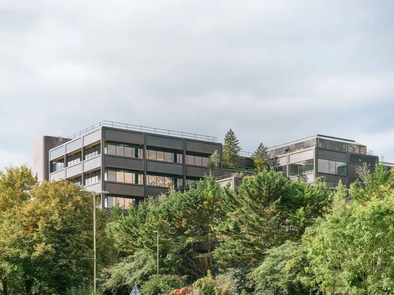 Stacked volumes with horizontal banding and glass balconies rising above dense conifer trees