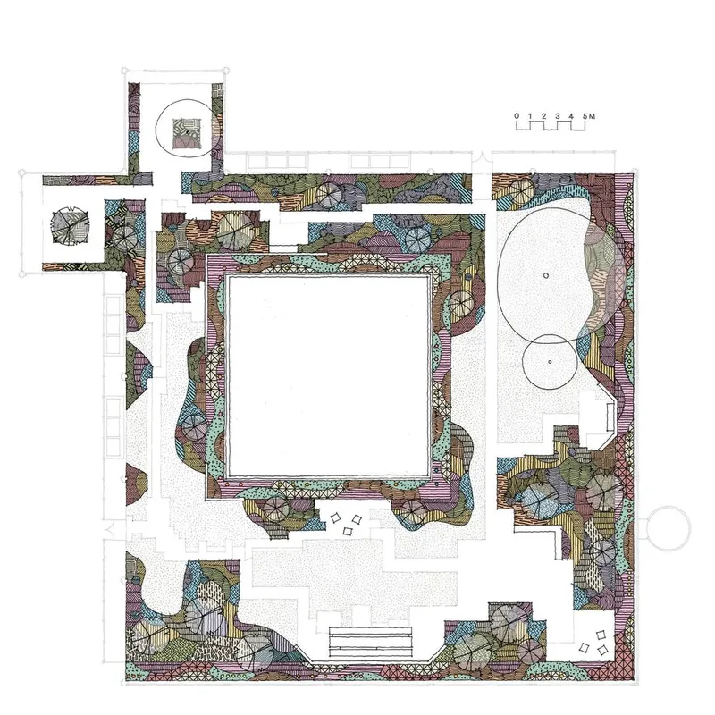 Landscape plan drawing illustrating planted zones, paving patterns and a central courtyard opening