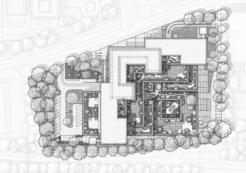 Ground floor plan drawing with interior circulation, planted perimeter and adjacent street layout