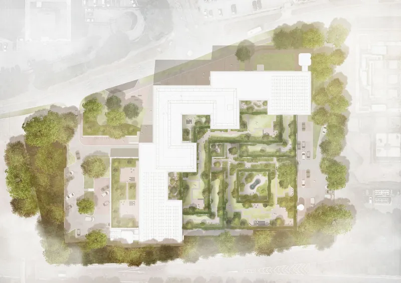 Rendered site plan showing the building footprint with interior courtyards surrounded by trees and landscaping
