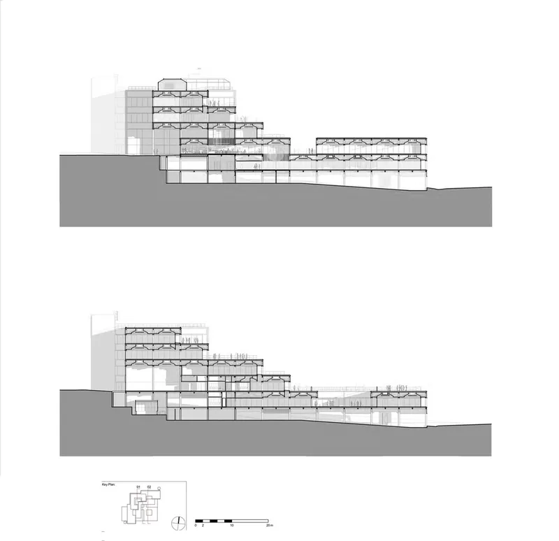 Section drawings showing the stepped building volumes descending with the sloped terrain