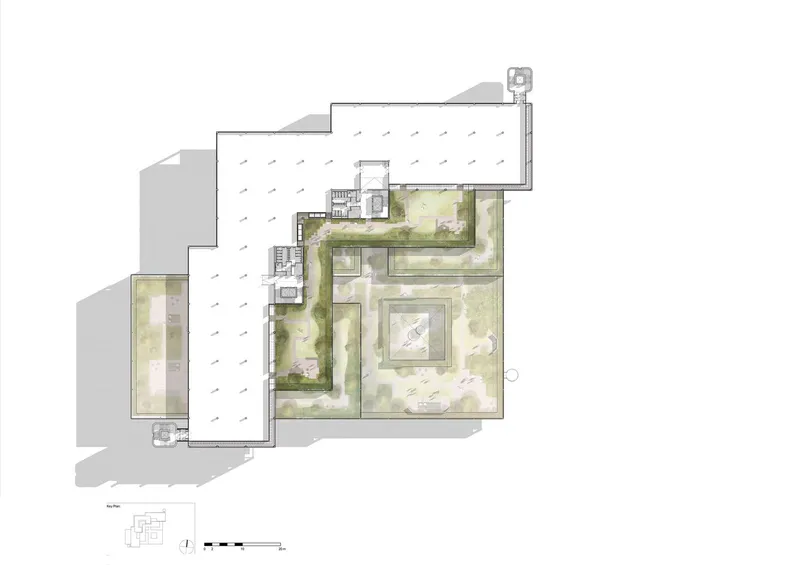 Roof level plan drawing showing terraced green spaces wrapping around a central courtyard