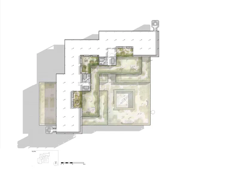 Top floor plan drawing showing multiple roof terraces with planted areas at different levels