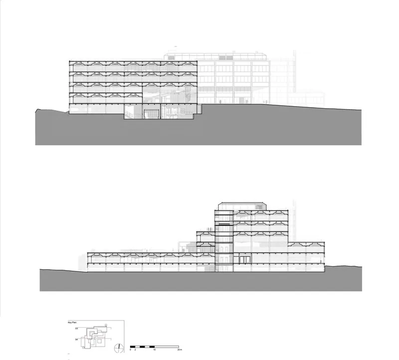 Elevation drawings showing a stepped multi-story building with exposed structural bays on sloping terrain