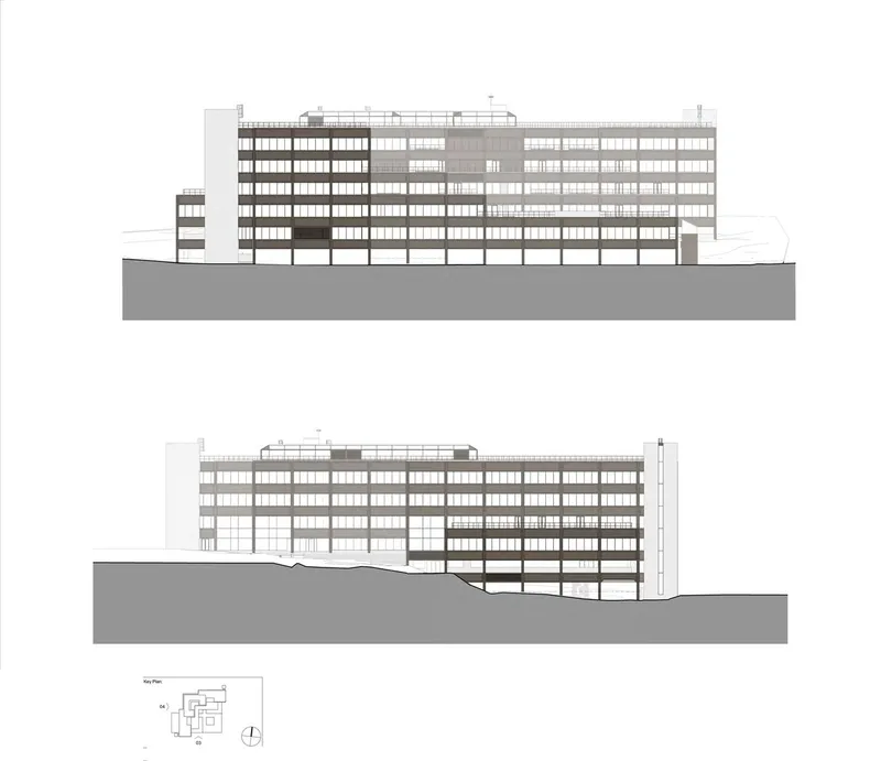 Elevation drawings displaying opposing facades of a linear multi-story building on varying topography