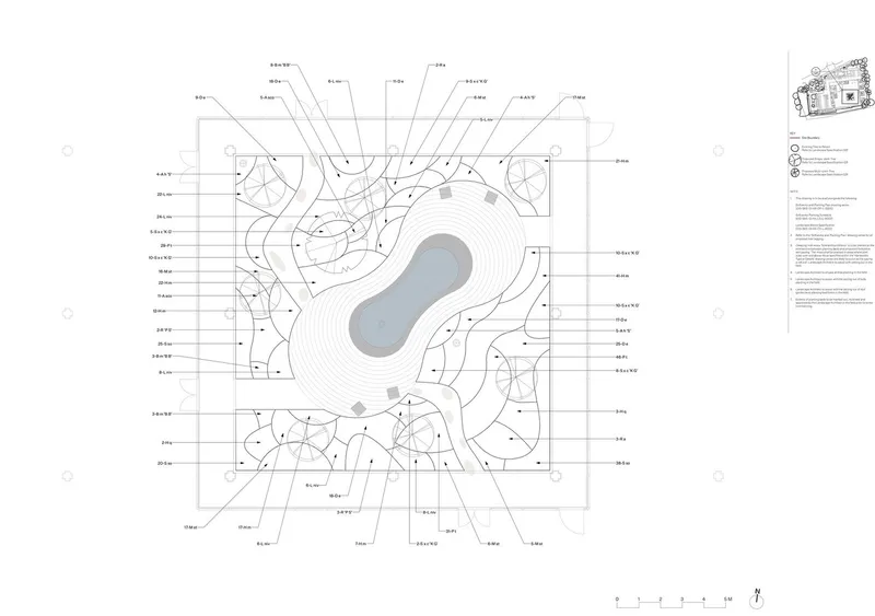 Site plan drawing with contour lines surrounding an irregular organic water body and pathways