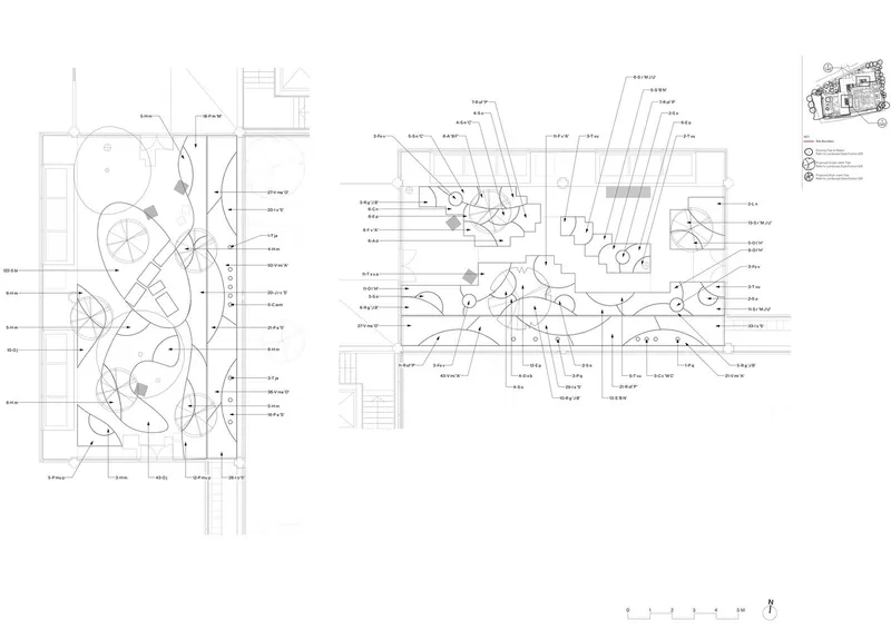 Floor plan drawing showing interior spaces with curved partition walls and annotated labels
