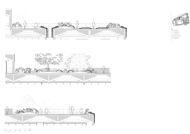 Section drawings revealing planted roof terraces with trees and figures above structural framework
