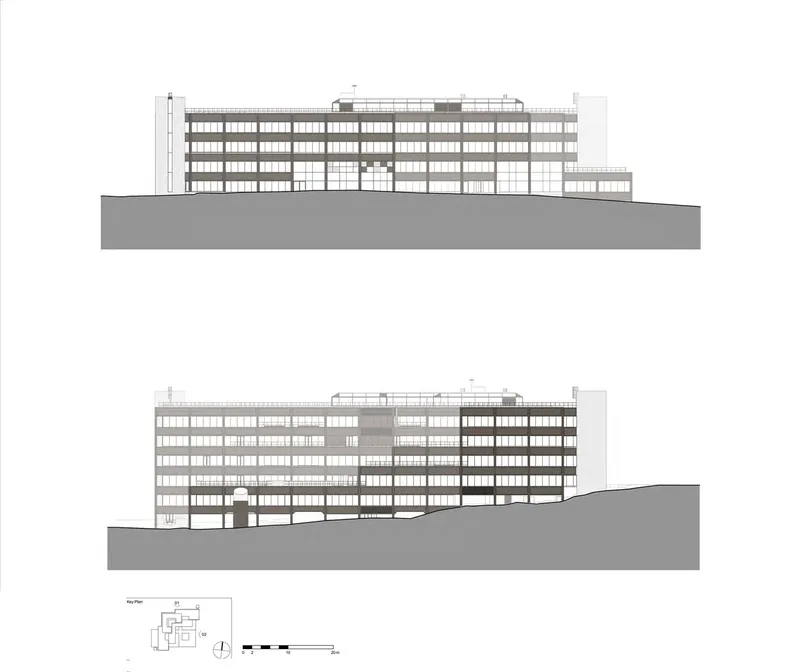 Elevation drawings of a horizontal multi-story building with regular column and floor plate grid