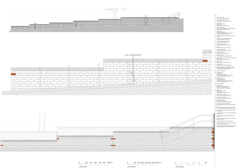 Section drawings showing wall assemblies with stippled masonry base and layered roof construction over sloped terrain