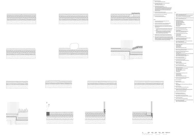 Wall section details showing foundation assemblies, vertical openings, and canopy attachments over stippled ground
