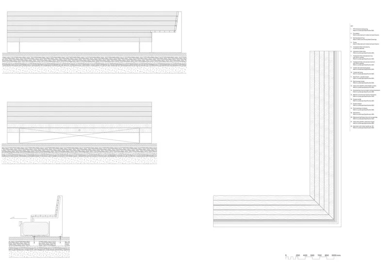Detail section drawings of roof edge conditions and corner assemblies with foundation layers
