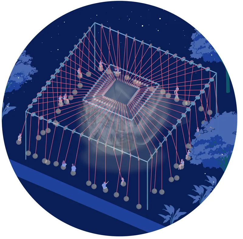 Axonometric drawing of the square pavilion structure with radial cables and suspended weights at night