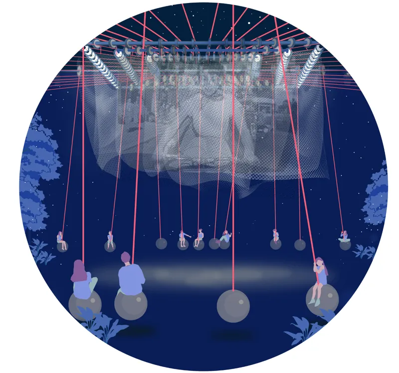 Frontal view of the suspended mesh screen with people on swing seats beneath a starry sky