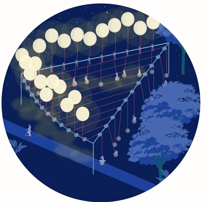 Isometric view of a tensile cable structure with suspended spherical weights and globe lights at night