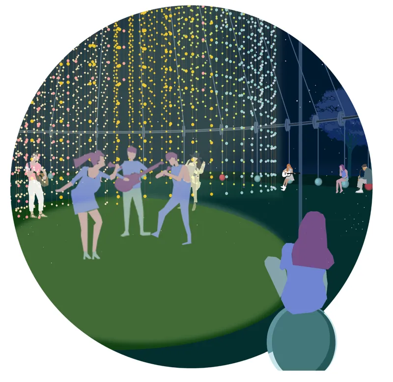 Interior pavilion space with hanging light strands and visitors dancing on the lawn at dusk