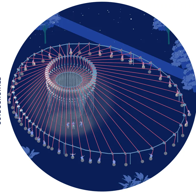 Aerial view of the circular cable net pavilion with central oculus and perimeter swing seats