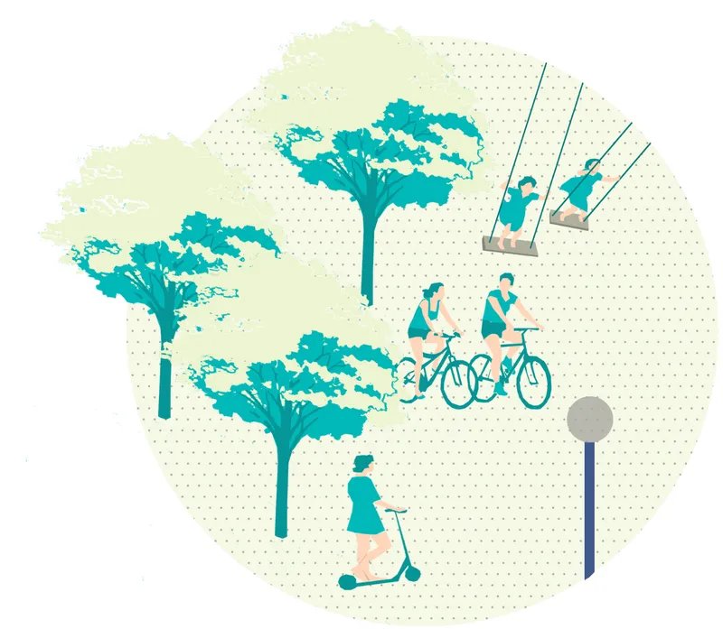 Diagram showing a public park space with trees, cyclists, a person on a scooter, and children on swings