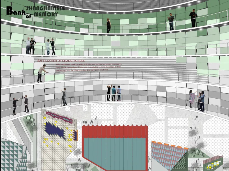 Section drawing showing a curved wall of green and white tiles with visitors on multiple levels