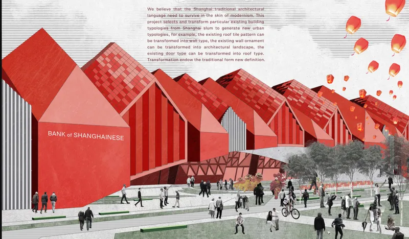 Street view rendering of a series of red gabled volumes with pedestrians and cyclists on a plaza