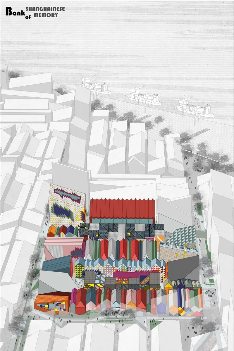 Aerial axonometric drawing showing a cluster of pavilions with patterned facades amid monochrome urban context