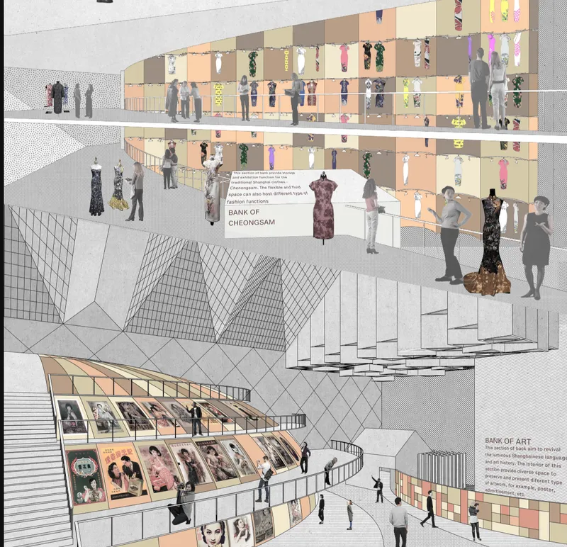 Interior perspective rendering of multilevel gallery spaces with display cases and figures browsing art collections