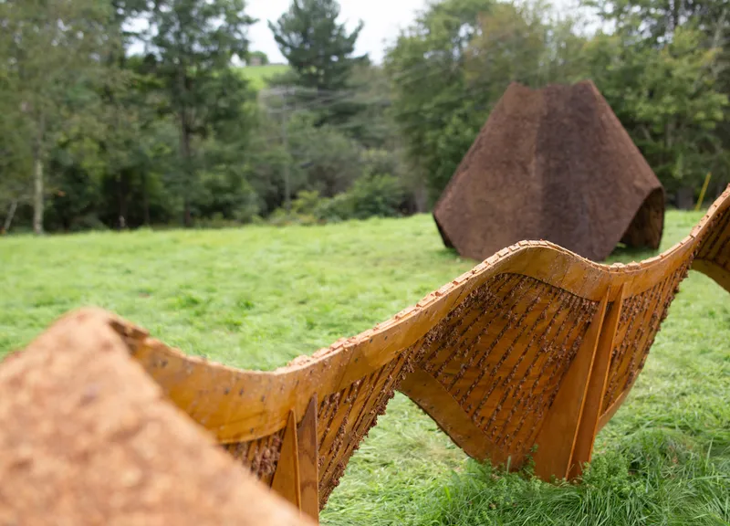 Close-up of the cork and timber layered edge with faceted cork structure visible in background
