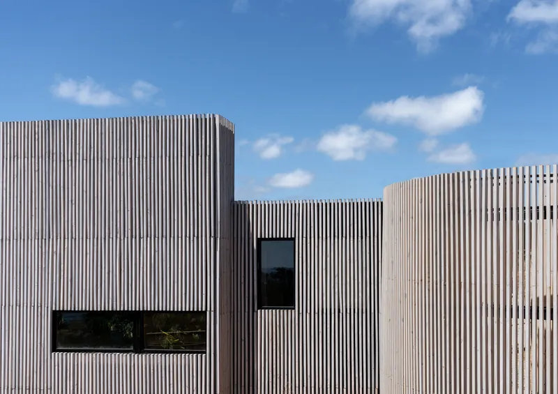Vertical timber slat cladding on clustered volumes with punched window openings against blue sky