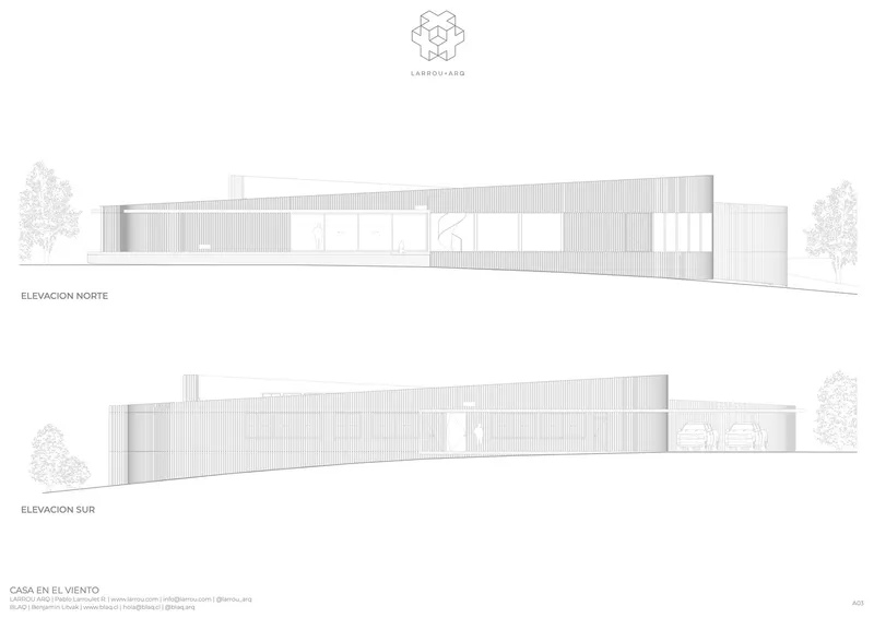 Elevation drawings depicting the horizontal composition of volumes with vertical siding and landscape context