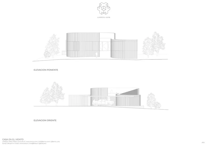 Elevation drawings showing the corrugated cladding volumes with angled roofs and surrounding vegetation