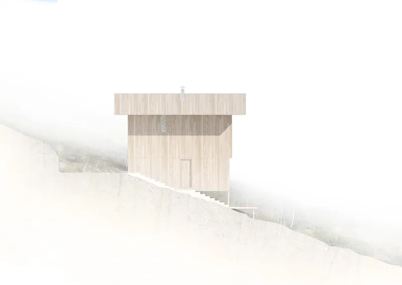 Rear facade of the stacked timber structure anchored into a snow-covered slope in dense mist