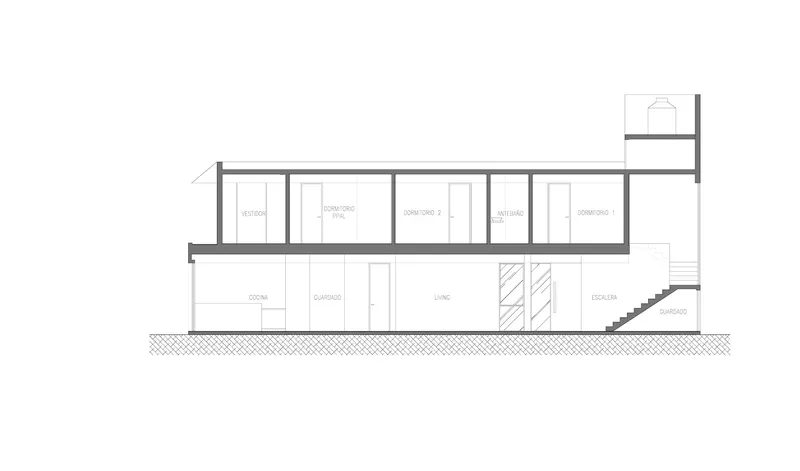 Longitudinal section drawing showing a two-level residence with upper sleeping quarters and a staircase connecting to lower living spaces