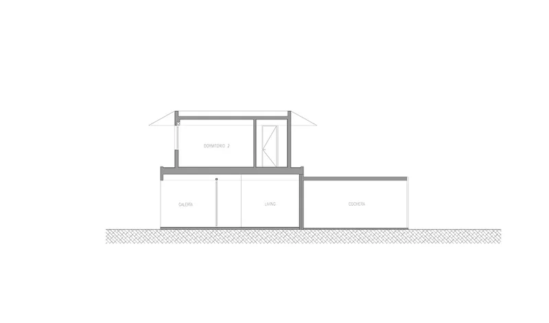 Transverse section drawing illustrating the stepped massing with a rooftop volume above the main living level