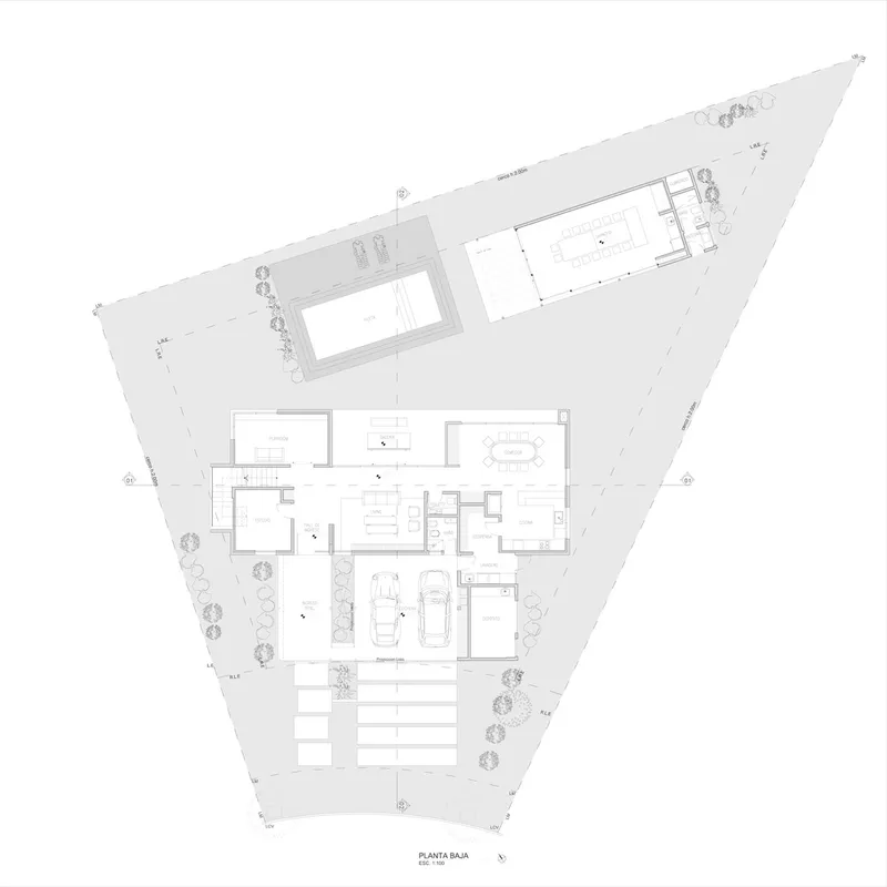 Ground floor plan drawing depicting a residence on an angular site with courtyards, pool, and landscaped perimeter
