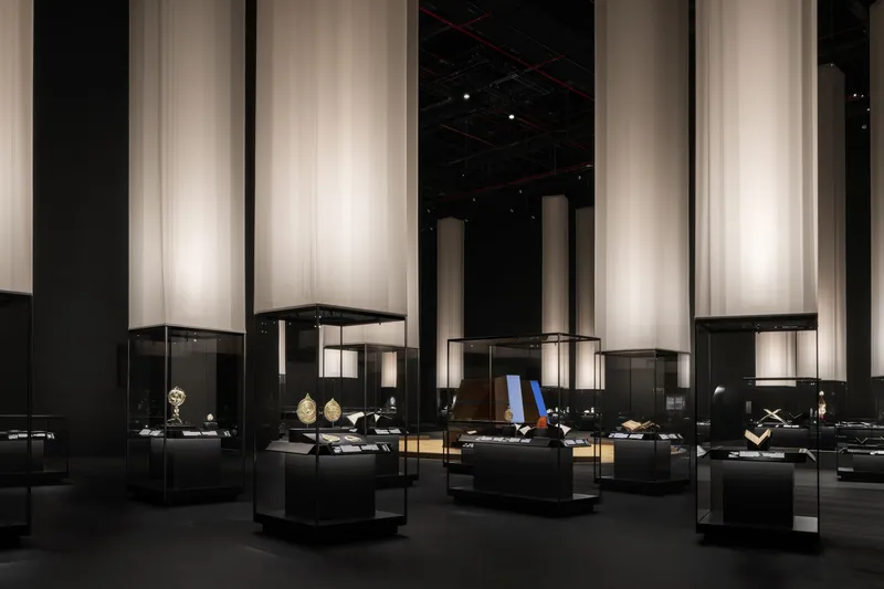 Gallery space at night with backlit vertical fabric scrims behind glass display cases on dark floor