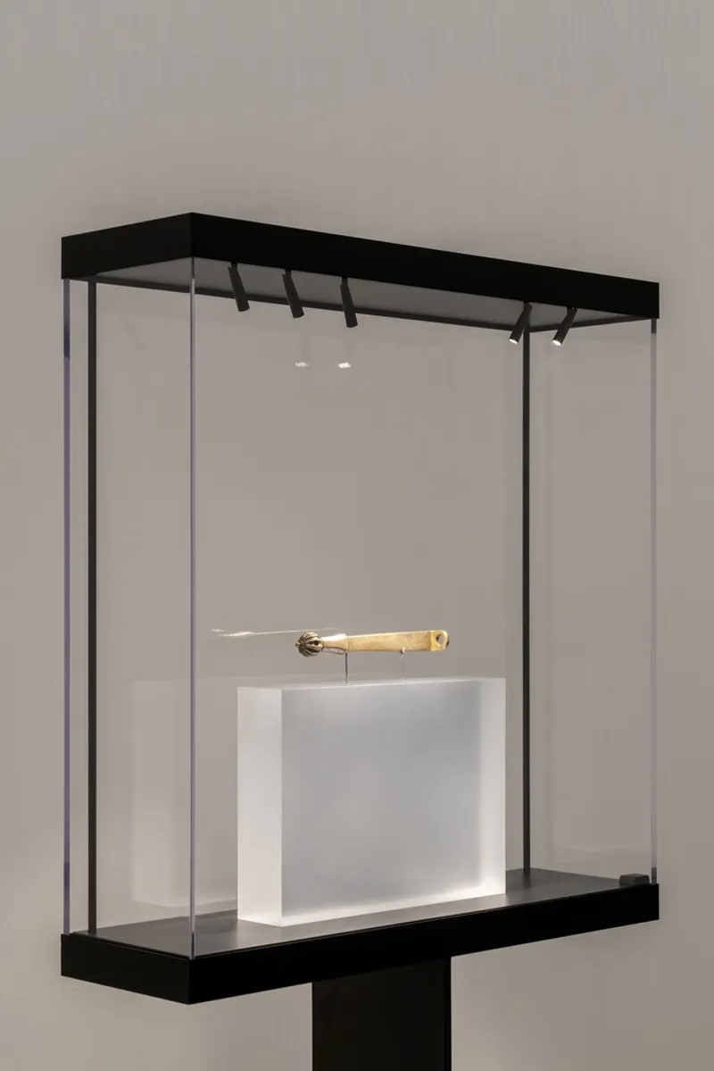 Freestanding glass display case with black metal frame housing a carved artifact on white pedestal