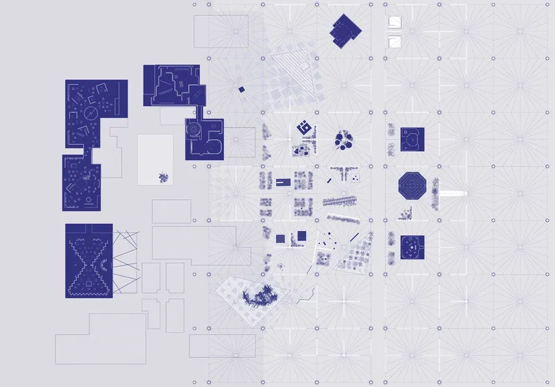 Site plan drawing showing clustered pavilions and sculptural elements arranged across a radial grid