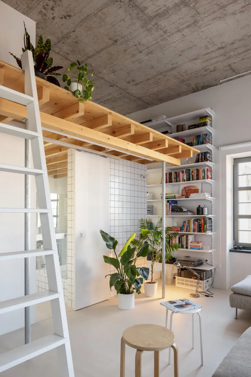 Timber loft platform with exposed joists accessed by white ladder beside a tall bookshelf