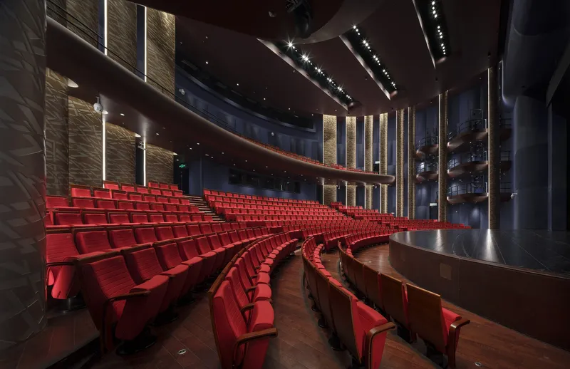 Auditorium seating rows with vertical textured wall panels and layered balconies under atmospheric lighting