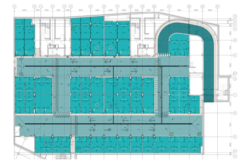 Floor plan drawing showing rectangular parking bays with central circulation spine and curved pool volume