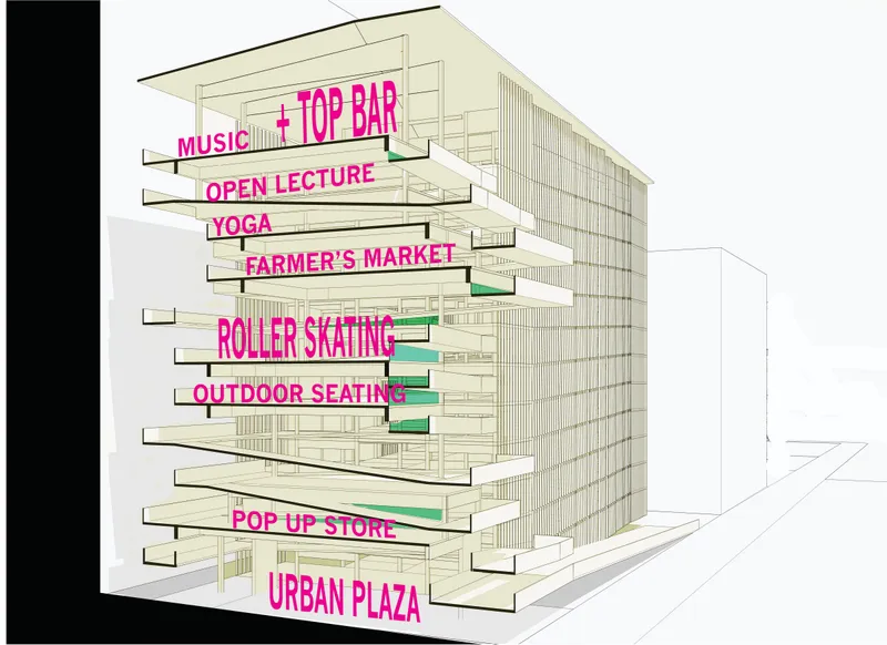 Axonometric drawing of the building volume with annotated program spaces labeled at each cantilevered level