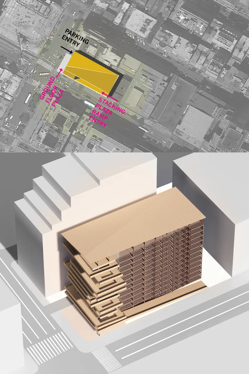 Physical model with layered timber slabs next to a site plan overlay showing parking entry and staging areas