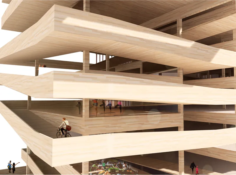 Sectional model showing stacked timber floor plates with exposed structure and miniature figures populating interior spaces