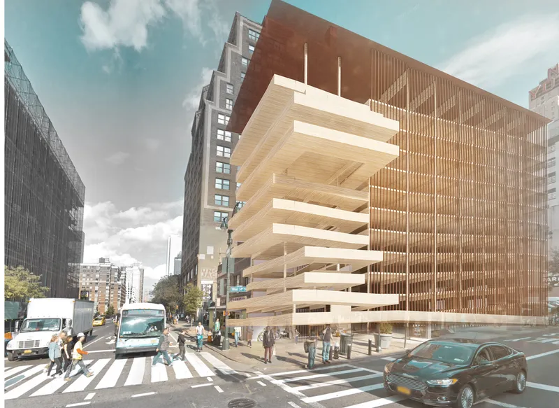 Street view rendering of the timber facade with vertical slat screens and cantilevered floor plates under cloudy skies