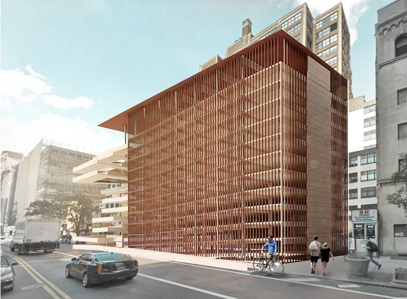 Corner view rendering showing the vertical timber louvered facade and cantilevered levels with pedestrians and cyclists below