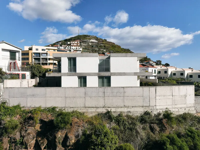 Board-formed concrete retaining wall rising from vegetated slope with hillside neighborhood behind
