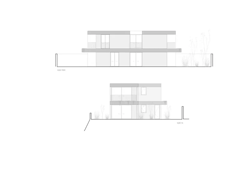 Elevation drawings depicting a horizontal volume with glazing and solid panels surrounded by landscaping