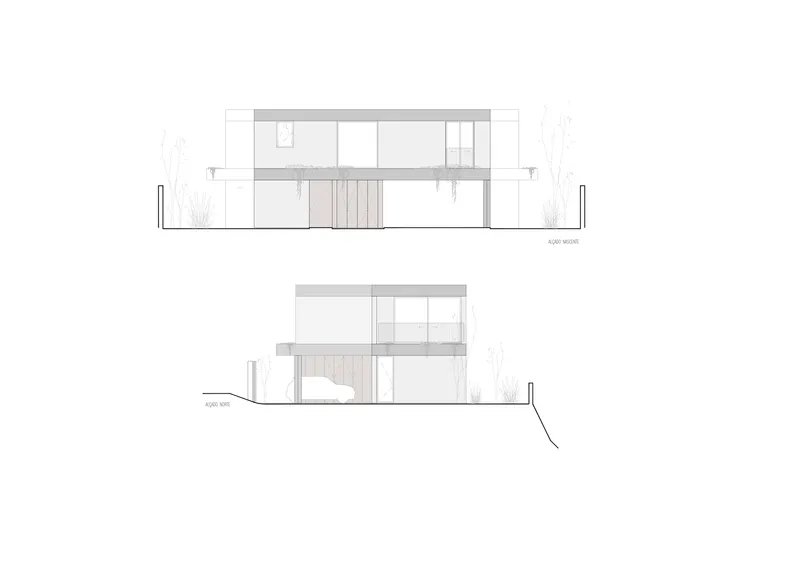 Elevation and section drawings revealing a raised living level above a sloped terrain