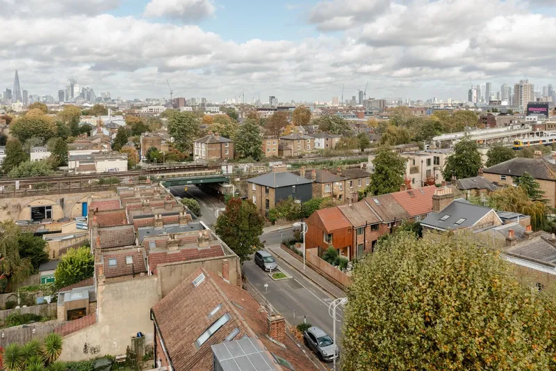 Elevated view across tiled rooftops showing the copper volume among neighboring houses and distant skyline