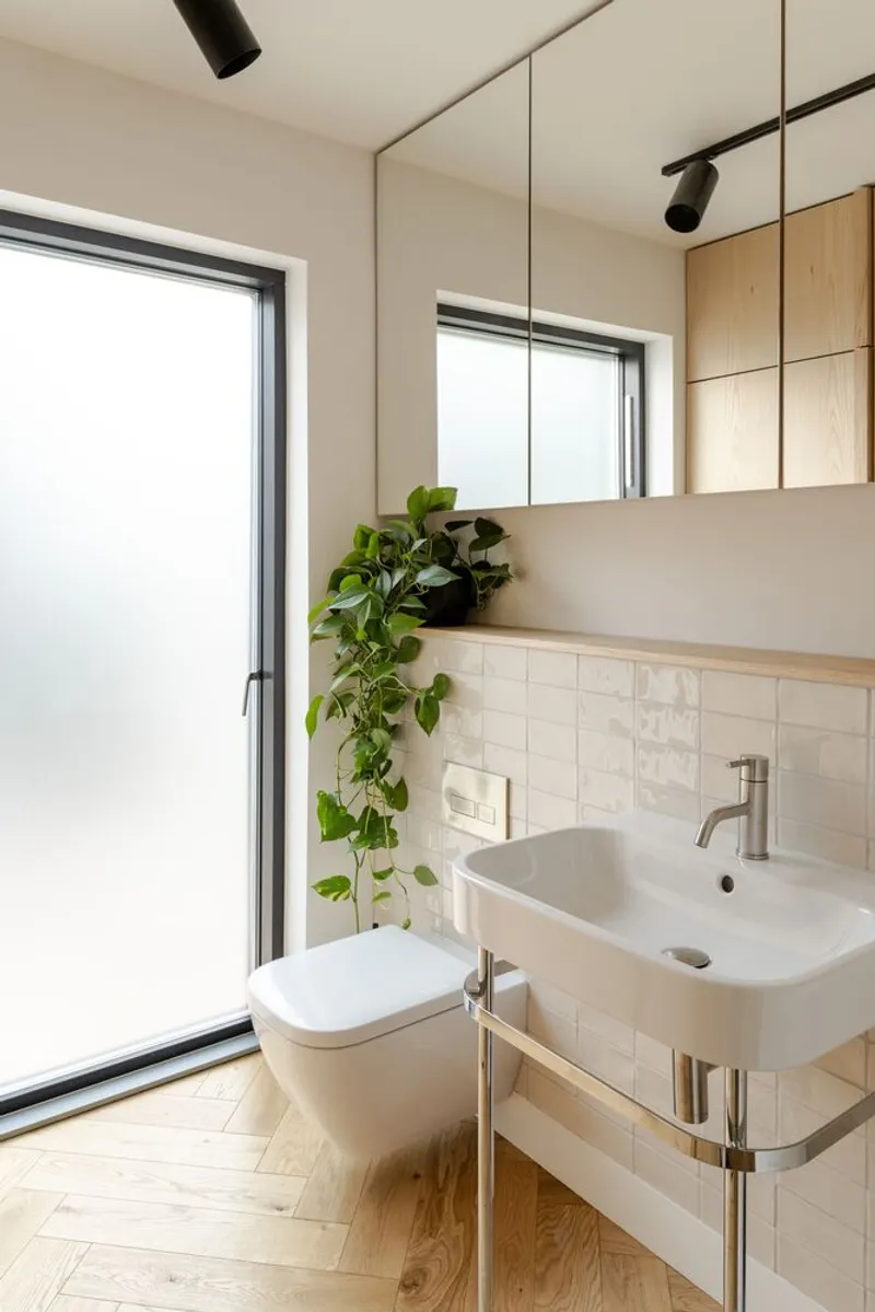 Bathroom with wall-mounted sink and corner window framed by white tile and trailing greenery on shelf